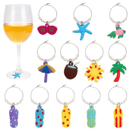 FINGERINSPIRE 12Styles Breloques pour Verres à Vin de Été Charm en Verre à Vin Avec Pendentif Pvc de Parasol Poisson Marque-Verres Pendentif Plage en Alliage Bague de Mer Avec Breloques en Verre à Vin