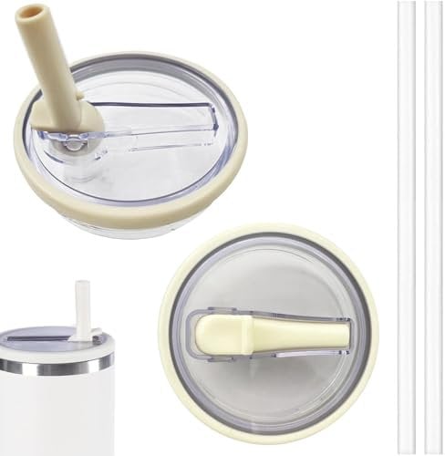BAKDIK 40 OZ Tumbler Lid Replacement for Stanley Quencher, 2 Pack Flip Straw Lids with 2 Straws, Spill Proof, Cream White