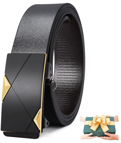 LEACOOLKEY Gürtel für Herren, Leder-Ratschengürtel mit automatischer Schnalle, verstellbarer Herrengürtel 33 mm, für Herren, Kleid, Jeans, C-Schwarz mit Gold, fit waist size below 37”