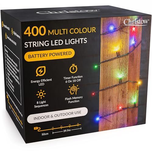 CHRISTOW Christmas Fairy Lights, Battery Operated, 400 LEDs, Multi-Coloured | 40m Lit Length, Ultra-Bright LED String Lights, 8 Flash Modes, Battery Operated with Timer, Green Cable, Indoor & Outdoor Use