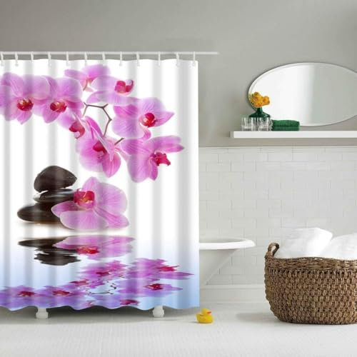 Duschvorhang 120x200 cm Orchidee Shower Curtains 3D Stein Duschvorhänge Anti Schimmel Textil Bad Vorhang aus Waschbar Polyester Stoff für Badewanne B-2684
