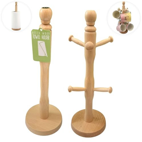 AOC24 - Kitchen Mug Tree & Towel Paper Roll Holder - Wooden 6 Cup Mug Tree Holder - Beechwood Kitchen Countertop Storage Rack - Paper Roll Towel Stand Holder - (Mug Tree + Towel Holder)