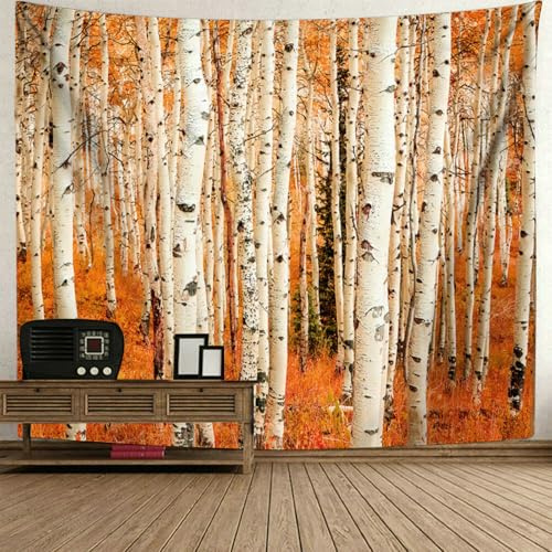 Gualiy Wandteppich Natur Klein, Wandtuch Birkenwald Herbst Tapisserie Wandbehang Wald Landschaft Baum Dekoration für Jugendzimmer, 150x130