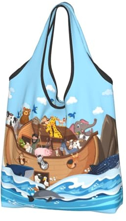 VOSERY Animals On Noah's Ark Schwimmende wiederverwendbare Einkaufstasche für Lebensmittel, faltbare Tragetasche mit Griffen, Schwarz, 1 PC