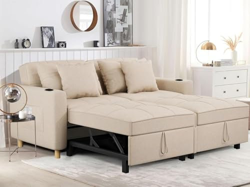 UNIONLINE Sofa Bed Sleeper Pull Out Convertible, 2-Seater 3-in-1 Sofa Couch Chair Bed with Adjust Backrest for Adults Living Room, Apartment, Bedroom (Beige)