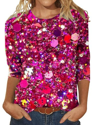 Pailletten Oberteil Damen Lang Shirt Glitzer Elegant Longshirt Silvester Aesthetic Bluse 3/4 arm Festliche Top Rundhals Langarm Sweatshirt Rave Party Paillettenoberteil Karneval Kostüm