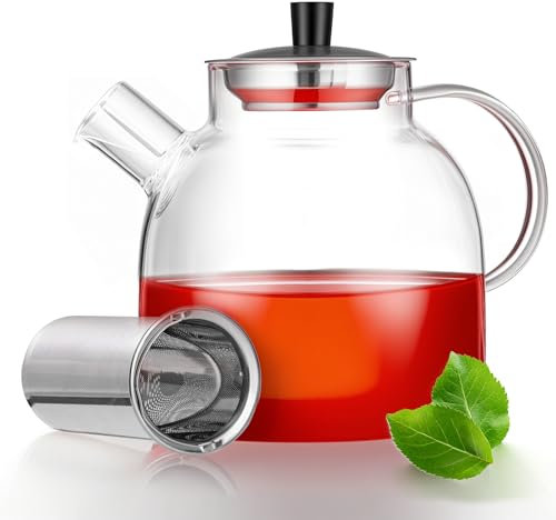MS WGO 1500ml/52.79oz Handmade Glass Teapot with Infuser, Heat-Resistant Borosilicate Glass Teapot with Strainer, Removable Infuser Tea Pot Handmade for Loose Leaf Tea