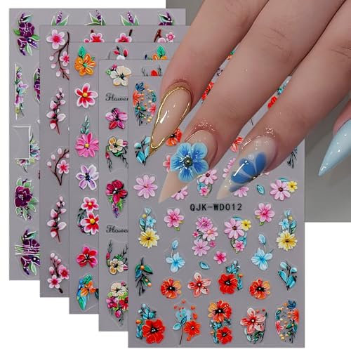JMEOWIO Nagelsticker Blumen 6 Blatt Nail Art Sticker Selbstklebend Nagelaufkleber Sommer Blumen Dekoration Nageldesign Zubehör