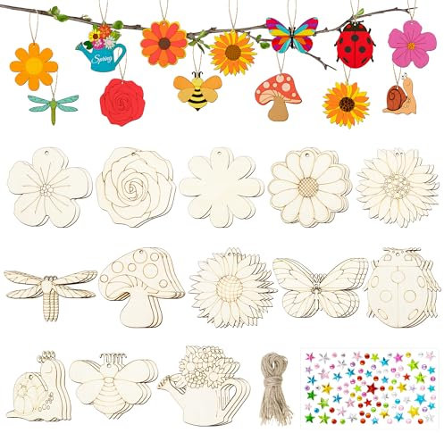 YMIFEEY 34 Stück Holzanhänger Bastelset Kinder Blumen Schmetterling, Basteln Kindergeburtstag Holzblumen Holzfiguren Holzscheiben zum Bemalen & Aufhängen, DIY Geburtstag Mitgebsel für Kinder (Blumen)