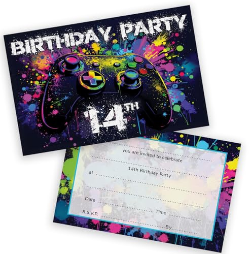Party-Einladungen zum 14. Geburtstag, Teenager, Videospieler, Gaming, 20 Stück, Kindergeburtstagseinladungen für Jungen/Mädchen, A6, Geburtstagsparty-Einladungskarten mit Klappumschlägen