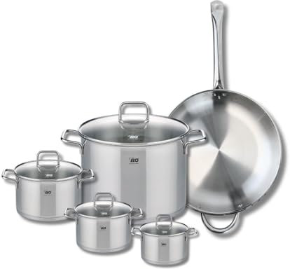 ELO 9501050 Batterie de cuisine 5 pièces, Set de 1 Poêle de cuisson 32 cm et 4 faitouts 12, 14, 16 et 26 cm Elo Profi Citrin, inox, induction