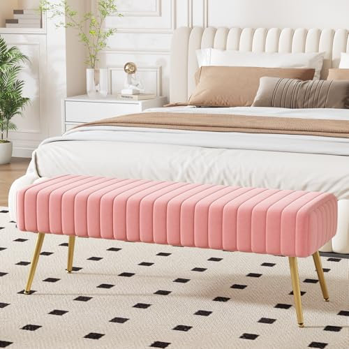 Ckaff Sitzbank Polsterbank, Bettbank Schlafzimmerbank 113.5x36.5x43cm, Schminkbank Flurbank Fußhocker Schuhbank Esszimmerbank mit Metallbeinen aus Samt für Schlafzimmer Wohnzimmer Flur, Rosa