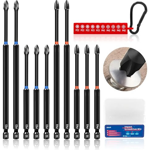 KASAFE 10 punte magnetiche per cacciavite a percussione PZ2/PH2, struttura in acciaio S2, design multi-formato durevole per uso intensivo, gambo esagonale universale da 1/4 per driver di potenza