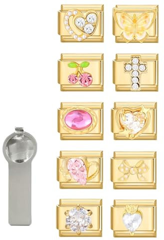 papasgix Italian Charm Bracelet Charms Set Silver Gold Italian Charms Bracelets for Women Men 11pcs Italian Charms Bulk Stainless Steel 9mm Women's Charm (Gold-Diamond)