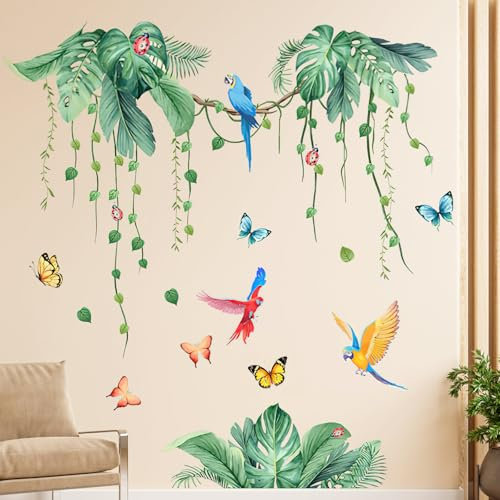 APOMOONS Wandtattoo Tropische Wandsticker Wandaufkleber Blätter Wanddeko Dschungel Pflanzen Hängende Rebe Grün Palmen Blätter Vögel Kinderzimmer Wohnzimmer Schlafzimmer Flur Küche