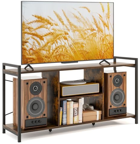 COSTWAY TV Stand Cabinet for 55 Inch TVs, 120cm Industrial TV Unit Media Entertainment Center with 4 Open Storage Shelves, Metal Frame Wooden Media Console Table for Living Room Bedroom, Rustic Brown