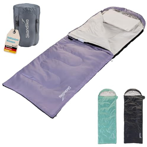 Skandika Deckenschlafsack Skye | Schlafsack 3 Jahreszeiten, mit Kissen, koppelbar, 220 x 75 cm, 250g/m² Mikrofaserfüllung, Innentasche, waschbar | Schlafsäcke Outdoor (Lavendel | RV rechts)