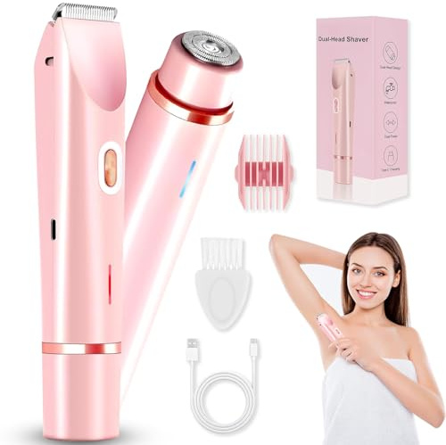 Rasoio elettrico da donna 2 in 1, Indolore Rasoio Parti Intime Donna, Rasoio elettrico a doppia testa per donna, Rasoio Donna Inguine IPX7 Impermeabile, Rasoio Elettrico Donna, per corpo, viso,C3