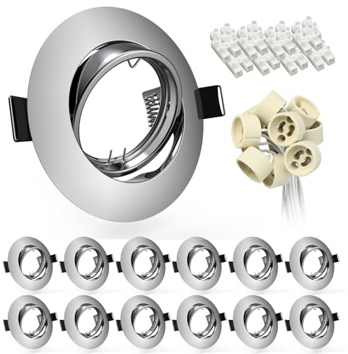Wondlumi 12x Einbaustrahler GU10 Rahmen LED Spots 230V Schwenkbar Rund Einbaurahmen 68mm Chrom Einbauleuchten inkl. GU10 Fassung für LED oder Halogen