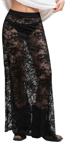 GORGLITTER Damer transparent spetskjol långa täckkjolar genomskinliga kjolar spetskjol festkjol rave festival outfit, svart, S