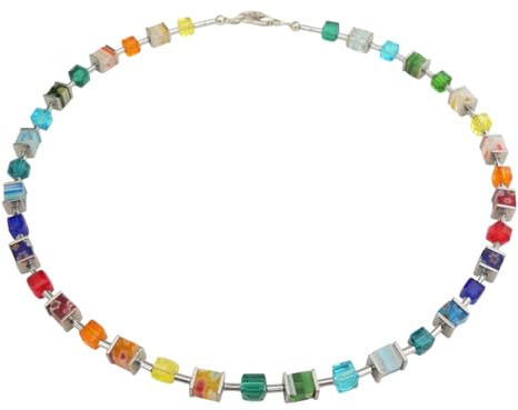 Generisch Halskette Würfel Cube Millefiori bunt multicolor mehrfarbig Glas 0095b