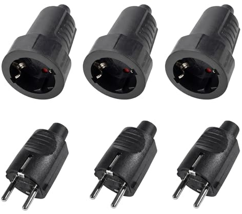 Kit de 3 Enchufes Schuko 250V IP44 – Clavija Enchufe Macho y Hembra con Alivio de Tensión para Interior y Exterior, 16A | 2 polos | Carcasa de Goma (Negro)