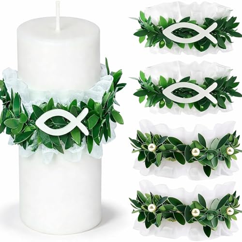 4 Stück Tropfschutz Kommunionkerze, Tropfschutz Kerzenkranz, Kerzenrock Kommunion, Buchskranz für Taufkerzen, Kerzendeko für Kerzen Ø 3–6 cm, geeignet für Taufe, Hochzeit, Kommunion