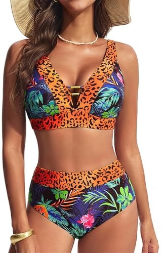 Hanna Nikole Women High Waist Bikini Sets,2 Piece Cutout Swimsuit,V Neck Bathing Suits,Sexy Swimwear Tummy Control Beachwear,Retro Push up Swimming Custom
