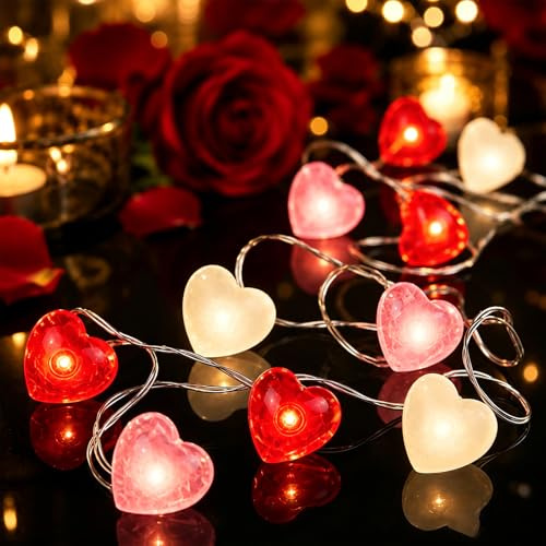 ZingBox Lichterkette Herzen, 3M 30LED Rot-Pink-Weiß Herzförmige Batterie | Herz Kupferdraht Lichterketten Deko, für Valentinstag Geburtstag Heiratsantrag Mädchenzimmer Zimmer Bilderrahmen Weihnachten