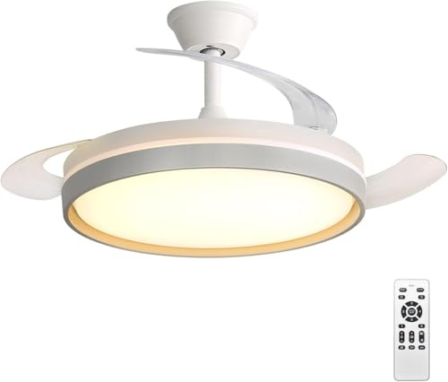 Ventilador de Techo con Luz LED 60W, con Mando a Distancia, Ø42in, Temporizador, 6 Velocidades, Aspas Retráctiles, 3 Temperaturas de Luz, Función Verano-Invierno, 5600LM, Blanco Minimalista Moderno