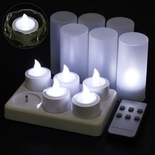 EuroFone 6 Stück Wiederaufladbare LED Teelichter,Flackernd Flammenlos Kerzen mit Fernbedienung, Timer und Ladestation, Deko für Party, Halloween, Weihnachten & Zimmer（Kaltweiße）