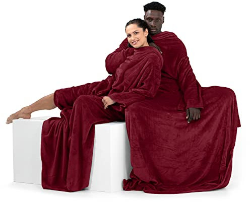 DecoKing Decke mit Ärmeln Geschenke für Frauen und Männer 150x180 cm Bordeaux Microfaser TV Decke Kuscheldecke Weich Lazy