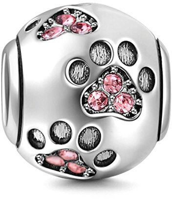 Anhänger Mit Hundepfote - 925er Sterlingsilber Fußabdruck, Tier-Charm, Geburtstags-Charm, Haustier-Anhänger für Pandora-Armband (Rosa)