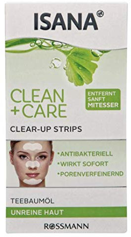 ISANA Clean + Care Clear-Up Strips, Entfernt sanft Mitesser; antibakteriell; wirkt sofort; porenverfeinernd, 2er Pack (2 X 3 st)