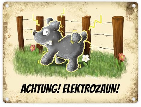 Targa in metallo con motivo elettrizzante e scritta: Attenzione! Recinzione elettrica!