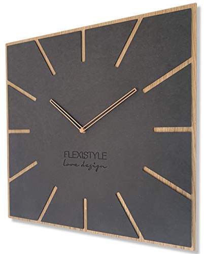 FLEXISTYLE Moderne große Wanduhr Exact ECO 50cm, Stille, Wohnzimmer, Schlafzimmer, Made in EU (Schwarz (Antracyt) & Holz Eiche)