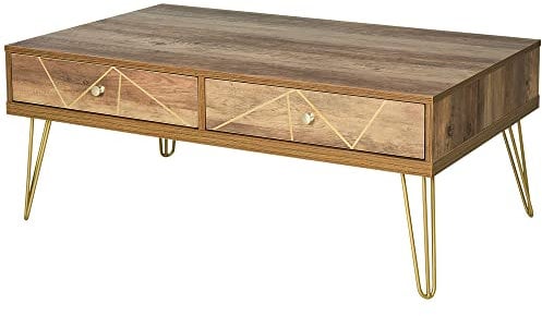 Homcom - Mesa de centro de madera, mesa de salón, gran bandeja y 2 cajones, diseño de lujo, elegante, decoración con líneas doradas pintadas a mano, 110 x 59 x 42 cm, color marrón