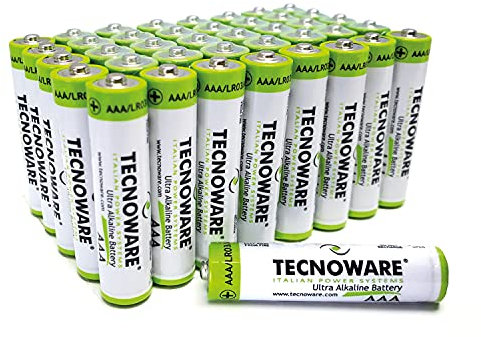 Tecnoware Power Systems - 40 pile alcaline AAA 1,5 Volt, Energia Duratura per Giocattoli e Telecomandi, Chiusura Sicura in Nylon, Packaging Riciclabile, batterie mini stilo AAA