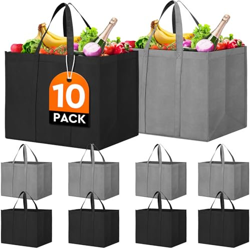 WISELIFE Wiederverwendbare Einkaufstaschen [10 Stück], große, faltbare Tragetaschen, Bulk, umweltfreundliche Produkttaschen mit langem Griff für Einkaufen, Einkäufe, Kleidung (grau & schwarz)
