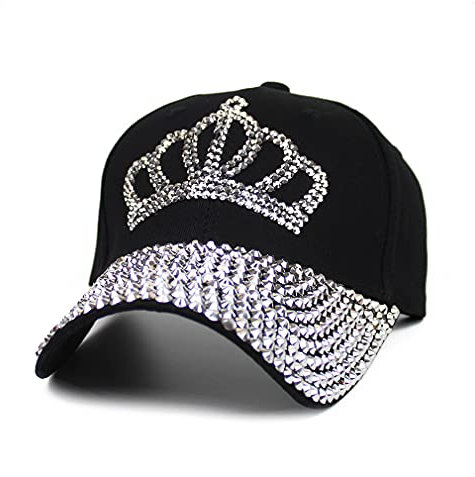 Verstellbare Damen-Baseballkappe mit glitzernden Strasssteinen besetzte Krone, Baumwolle, Denim, Hip-Hop-Hut, Sonnenkappe, A-Crown schwarz 02, 6.75-7.5