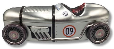 MediMuc Rennauto Nr. 09 Silber mit drehbaren Rädern - Aufbewahrungsdose, Keksdose, Blechdose - lebensmittelecht - Vol. 1,0l - Maße: (Länge x Breite x Höhe): 28,0 x 10,5 x 12,0cm