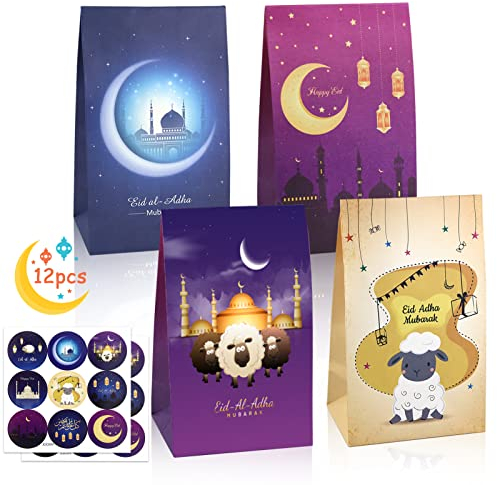 Eid Mubarak Geschenktüten,12 Stück Eid Mubarak Favor Taschen,18 Stück Aufkleber Eid Mubarak Geschenk,Eid Mubarak Party Favor Taschen,Ramadan Candy Tasche mit Aufkleber