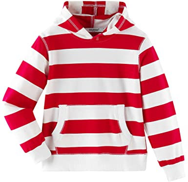 Dybker Kapuzenpullover für Jungen und Mädchen, klassisch, solide, leichte Serie, weiche Plüsch-Baumwolle, für 5–12 Jahre, Rot und Weiß gestreift, 11-12 Years