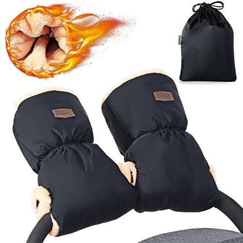 Orzbow Faux Sheepskin Stroller Gloves, Universal Winter Anti-Freeze Stroller Mittens, Waterproof Extra Thick Hand Muff for Cold Weather, Cozy & Warm, Black
