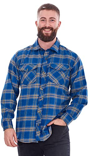 Mens Flannel Check Shirts Yarn Dyed Cotton Brushed Long Sleeve Casual Top Royal Blue, M