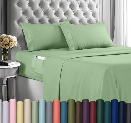 Utopia Bedding Queen-Bettwäsche-Set, weiche Mikrofaser, 4-teilig, Luxus-Bettlaken mit tiefen Taschen, bestickte Kissenbezüge, seitliche Aufbewahrungstasche, Spannbetttuch – Bettlaken (Salbeigrüb)