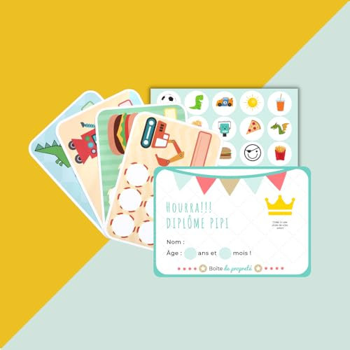 Système de récompense Aventure - Apprentissage de la propreté pour enfants - 20 cartes de récompense, 120 autocollants de récompense et diplôme pipi - Tableau de Récompenses