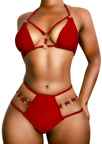 EJsoyo Damen Sexy Tanga-Bikini, Badeanzüge, Schnur, Push-Up, gepolsterter Badeanzug, 2-teilig, freche Bademode mit Metallring, rot, Small
