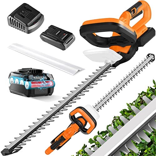 MASKO® Akku Heckenschere Profi Hecken & Strauchschere 57cm Schnittlänge Inkl. Handschuhe, Schutzhülle & 21V Akku 2,0 Ah mit Ladegerät, 27mm Zahnabstand Dual Schnittklingen Verstellbarer Griff Orange
