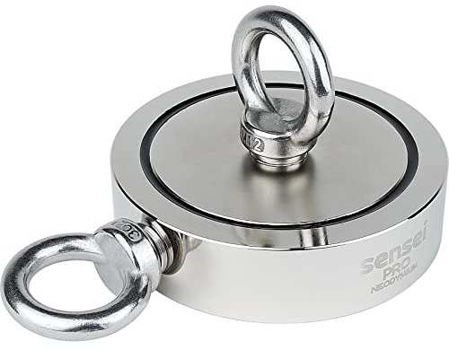 SENSEI Magnet 500 kg, Doppelseitiger Neodym-Magnet N52 mit 2 Ösen oben und seitlich, Ø11,6 x H3 cm